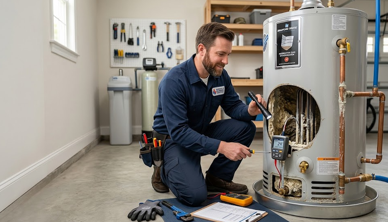 Water heater service technician inspecting a unit affected by Nashville hard water conditions